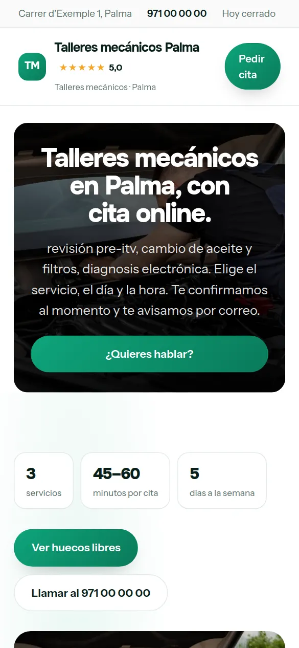 La misma web de talleres mecánicos vista en el móvil