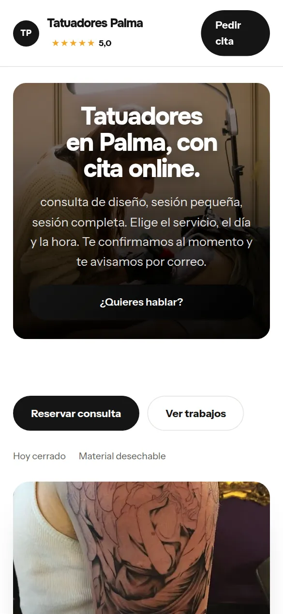 La misma web de tatuadores vista en el móvil