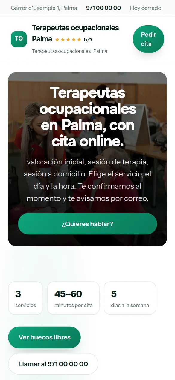 La misma web de terapeutas ocupacionales vista en el móvil