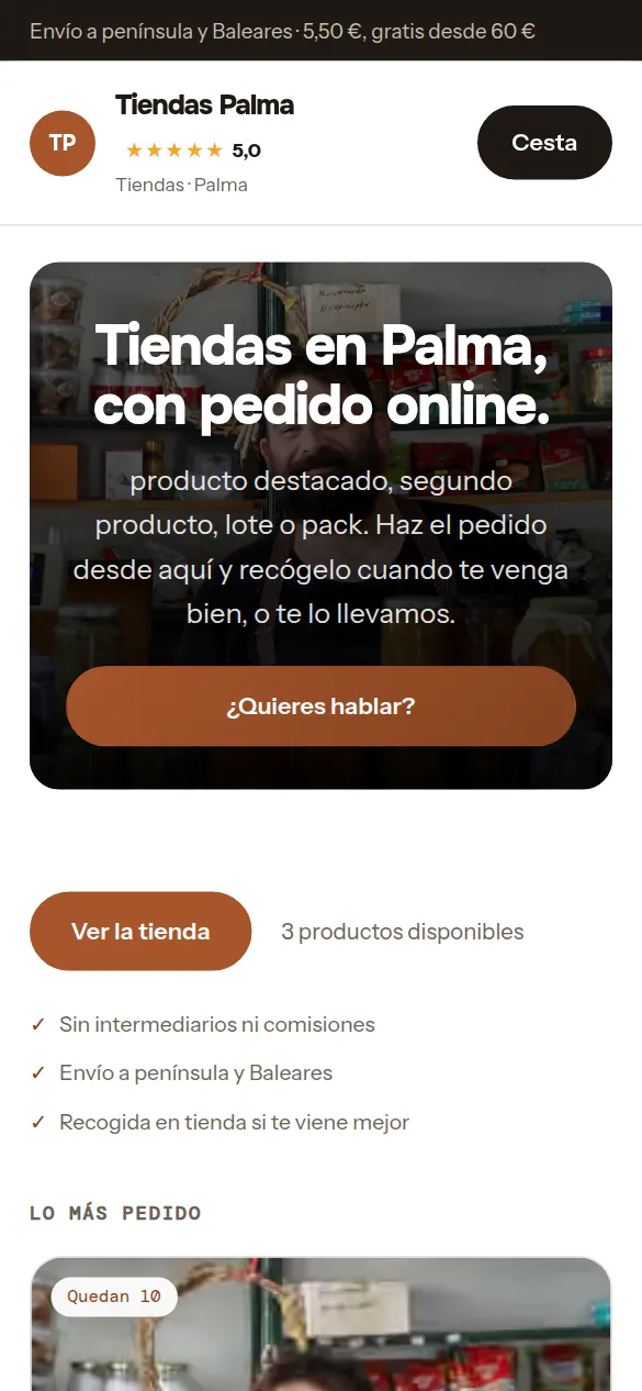 La misma web de tiendas vista en el móvil