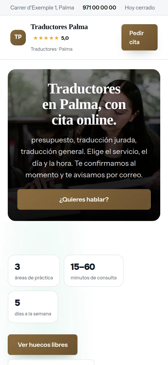 La misma web de traductores vista en el móvil