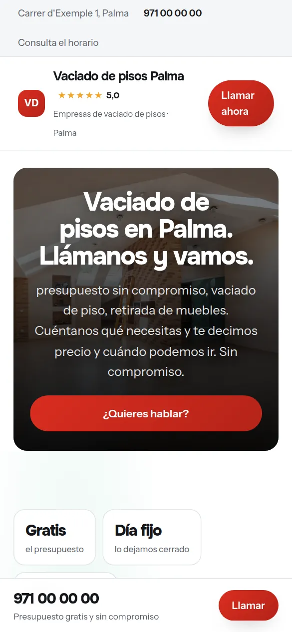 La misma web de empresas de vaciado de pisos vista en el móvil